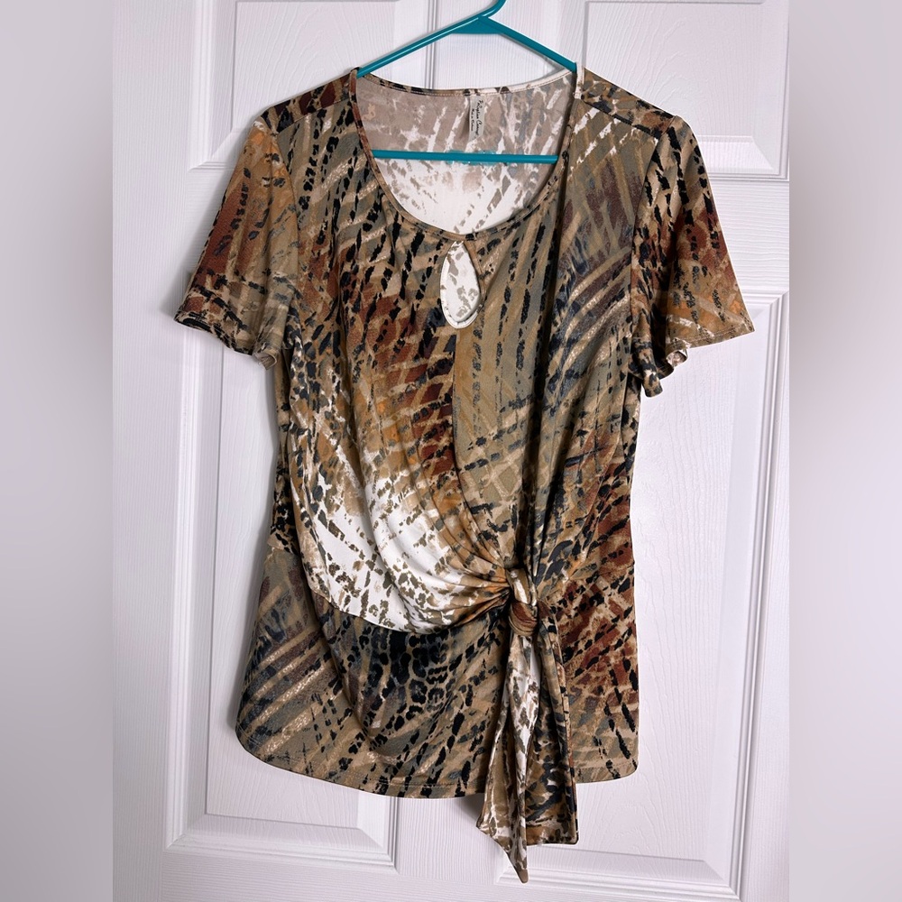 PerSeption Concept Brown and Tan Animal Print Knot-Front Top